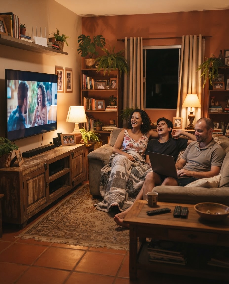 Família usando a internet fibra da Rede Leal